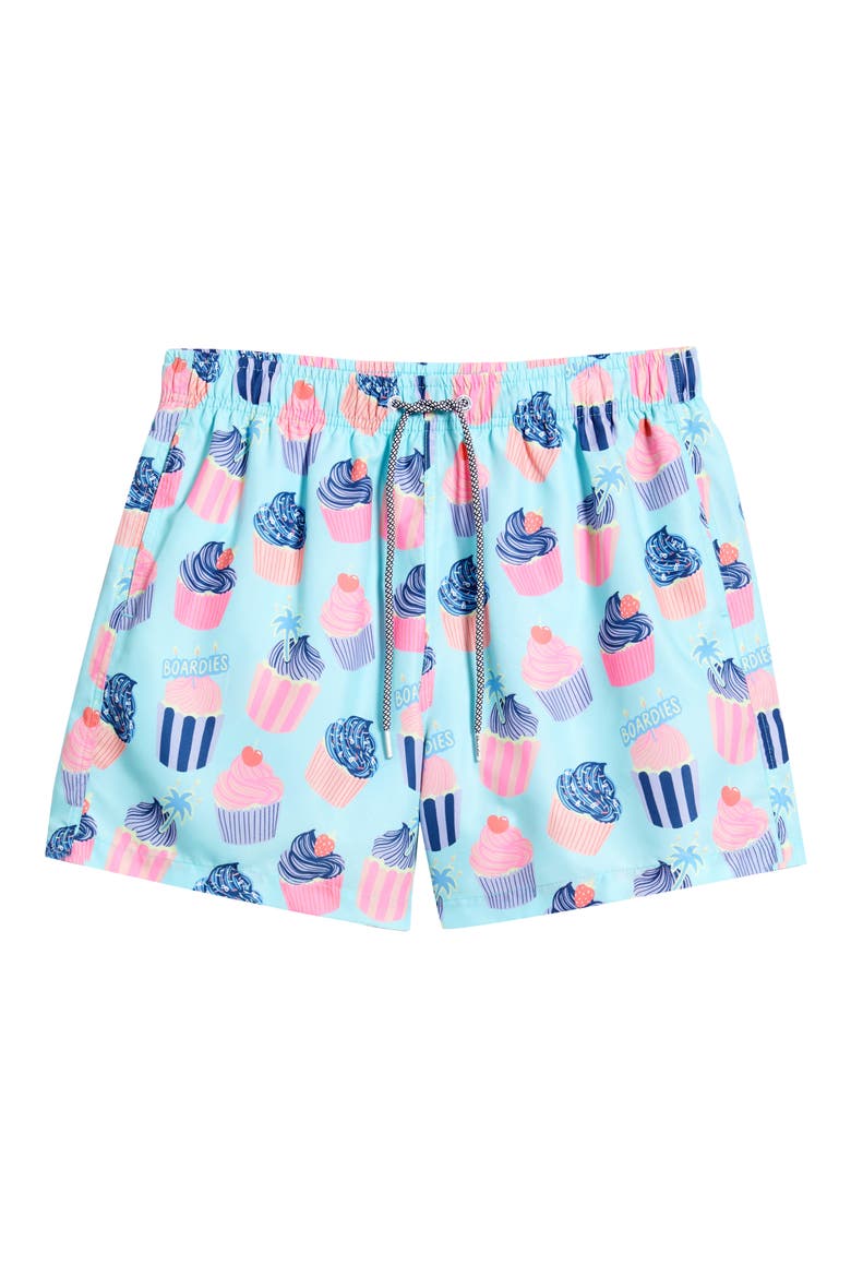 Celebrations Cupcake Print Mid Length Swim Trunks, Alternate, color, BLUE