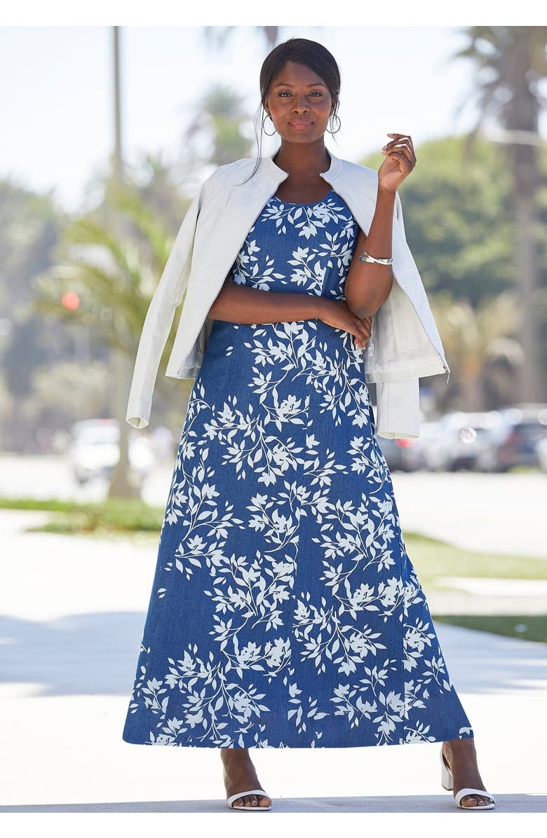 Jessica London Denim Maxi Dress, Alternate, color, Medium Stonewash Leaf