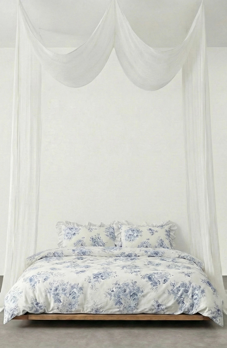 Ever Lasting French Ruffle Floral Bedding Set, Alternate, color, Blue Floral / Flat