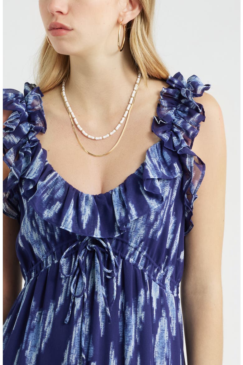 Print Ruffle Trim Tiered Midi Dress, Alternate, color, NAVY STILL PIPER IKAT