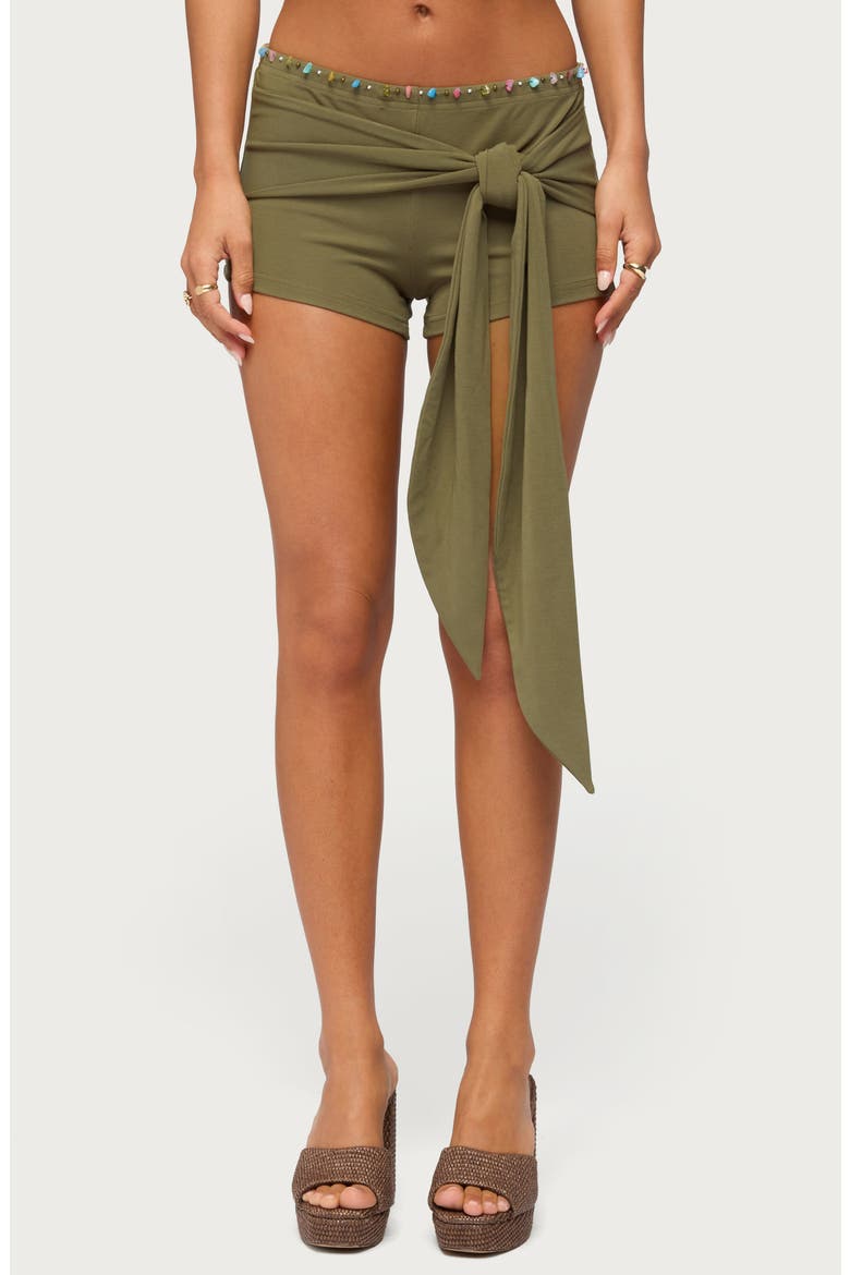 Monroah Beaded Low Rise Tie Waist Shorts, Main, color, OLIVE