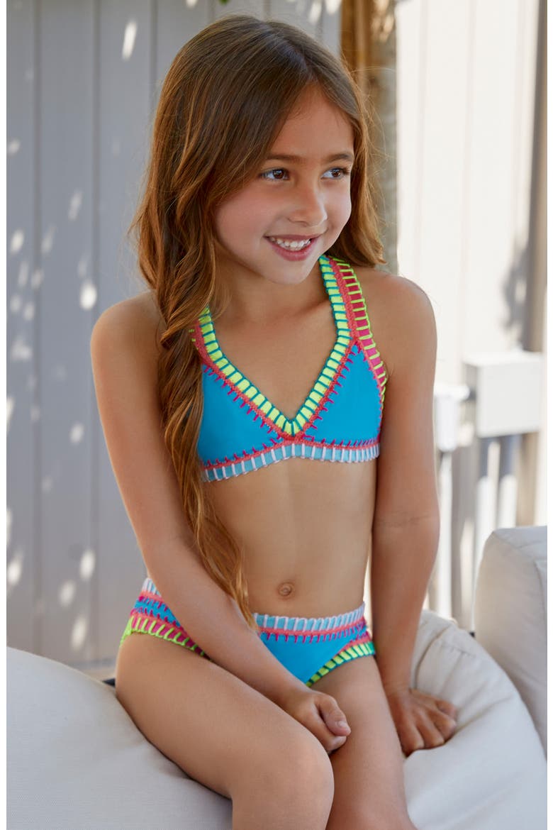 Kids' Rainbow Embroidered Two-Piece Swimsuit, Alternate, color, TURQUOISE