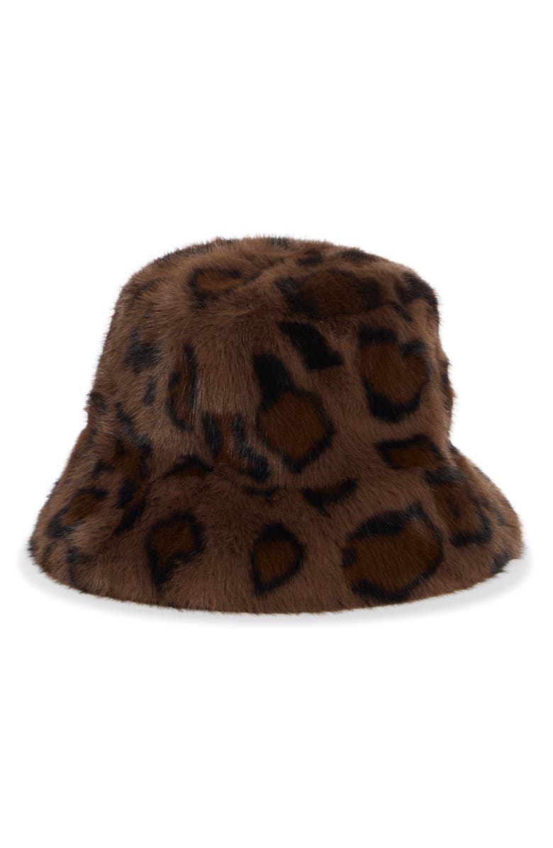 La Fiorentina Faux Fur Animal Print Bucket Hat, Main, color, Brown