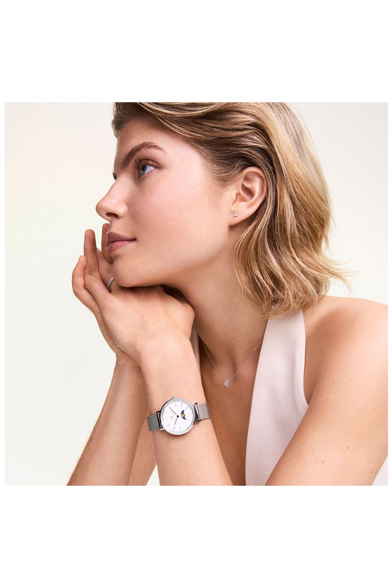 Petite Moonphase Mesh Strap Watch, 32mm, Alternate, color, SILVER