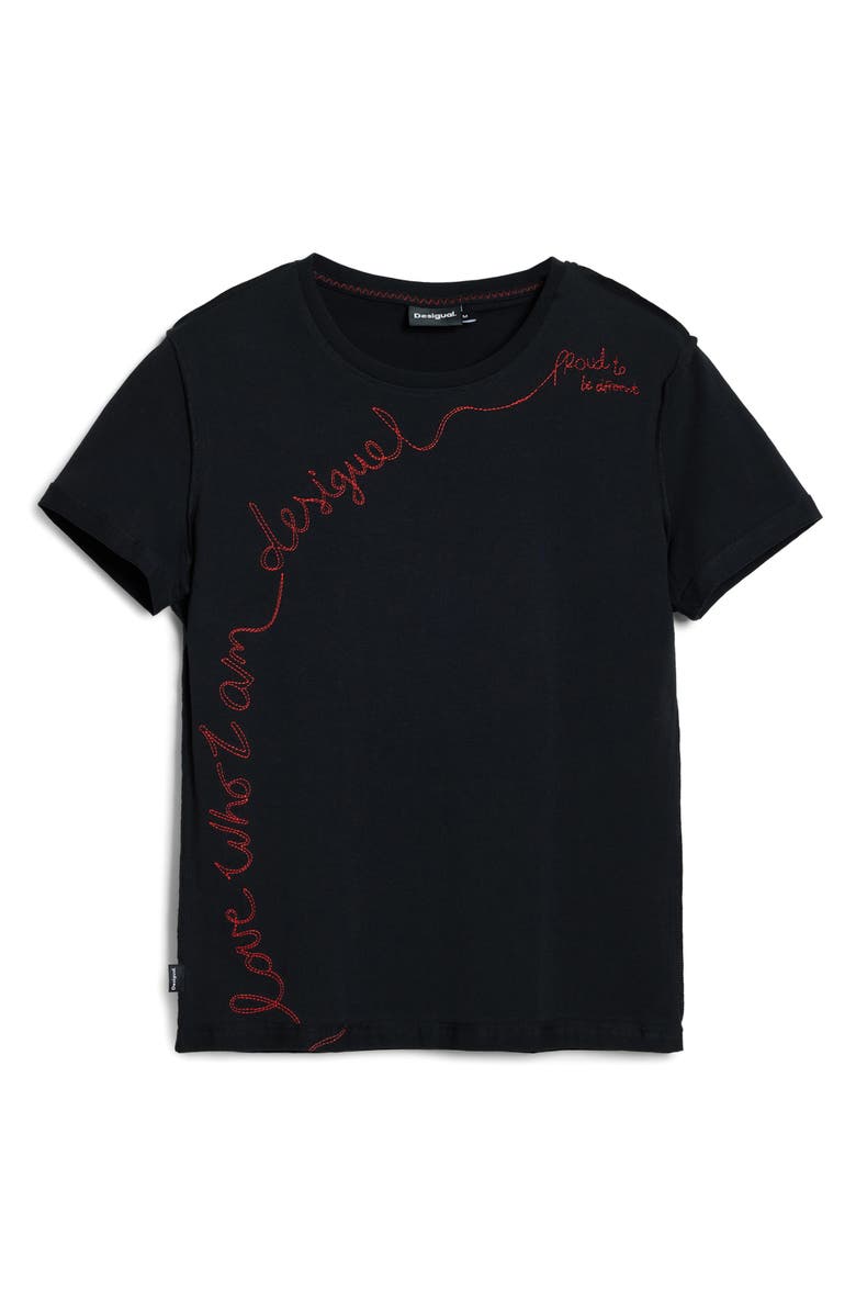 Desigual Embroidered Stretch Cotton T-Shirt, Alternate, color, Black