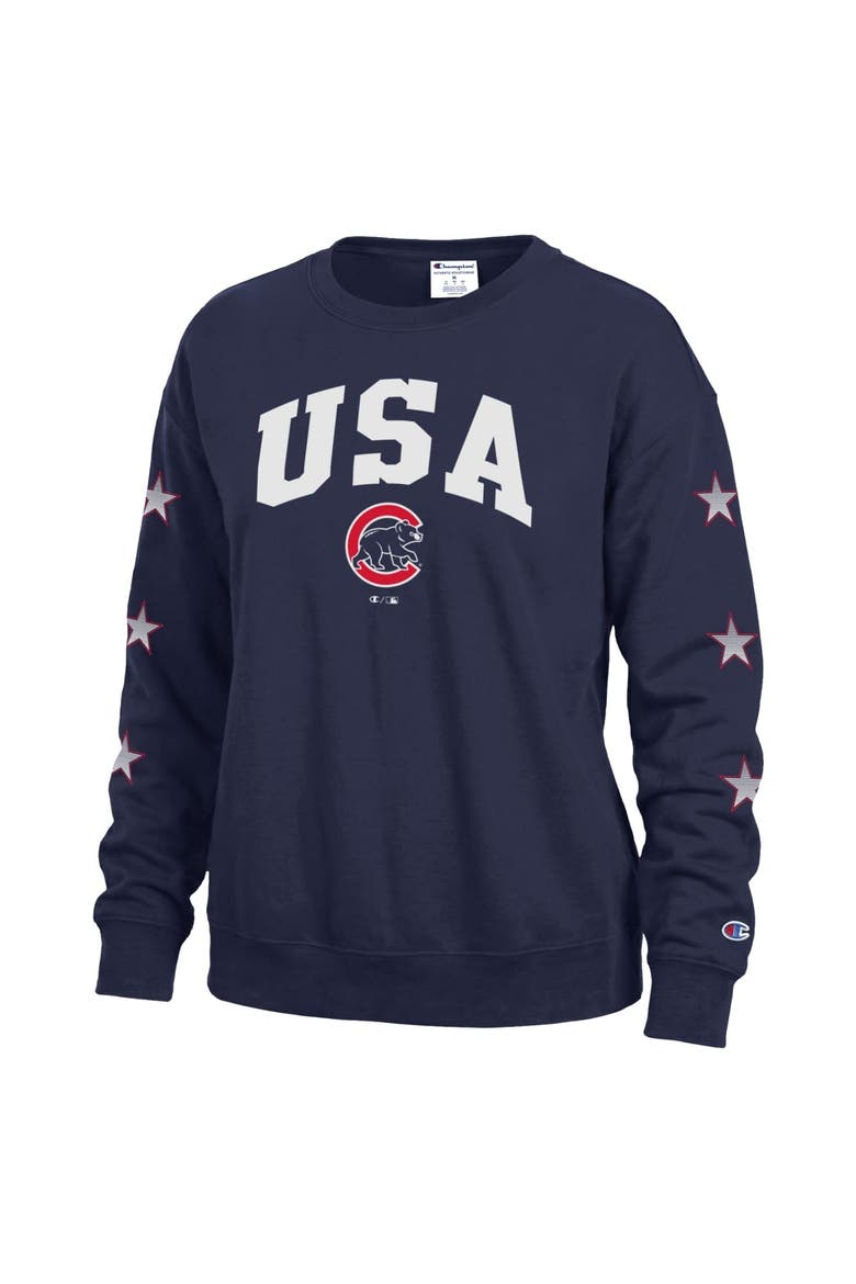 Women's Champion  Navy Chicago Cubs Americana Fleece Crewneck Sweatshirt, Alternate, color, Navy
