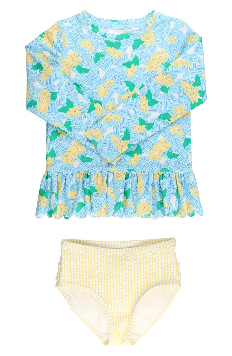 RuffleButts Kids' Blooming Basket Long Sleeve UPF 50+ Two-Piece Rashguard Swimsuit, Main, color, Blue