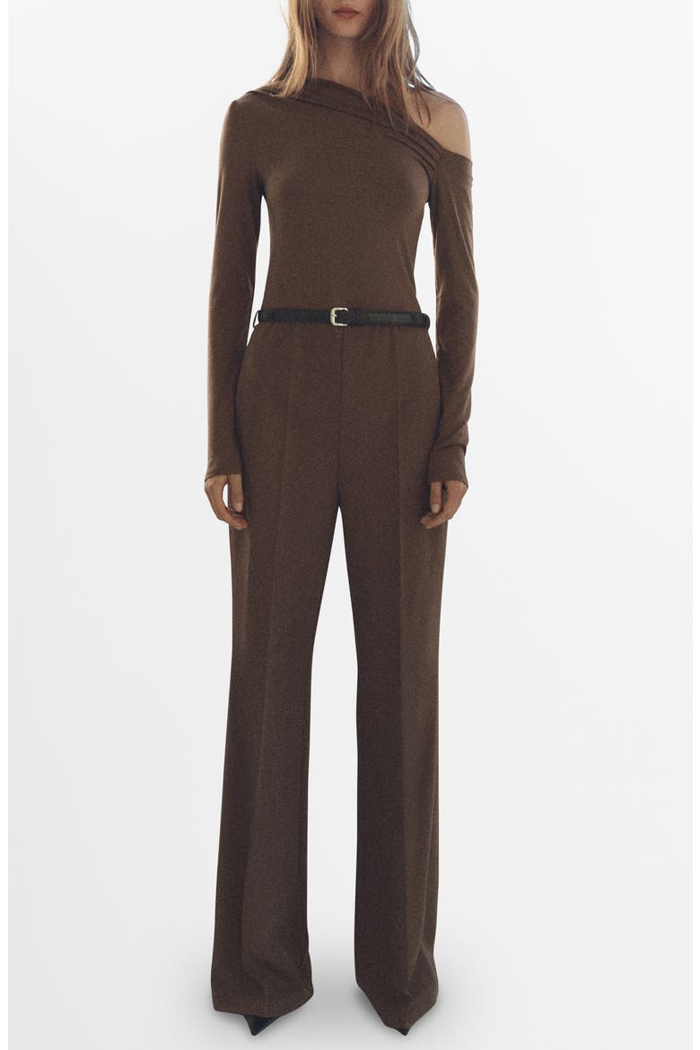 Belted Long Sleeve One-Shoulder Jumpsuit, Main, color, BROWN