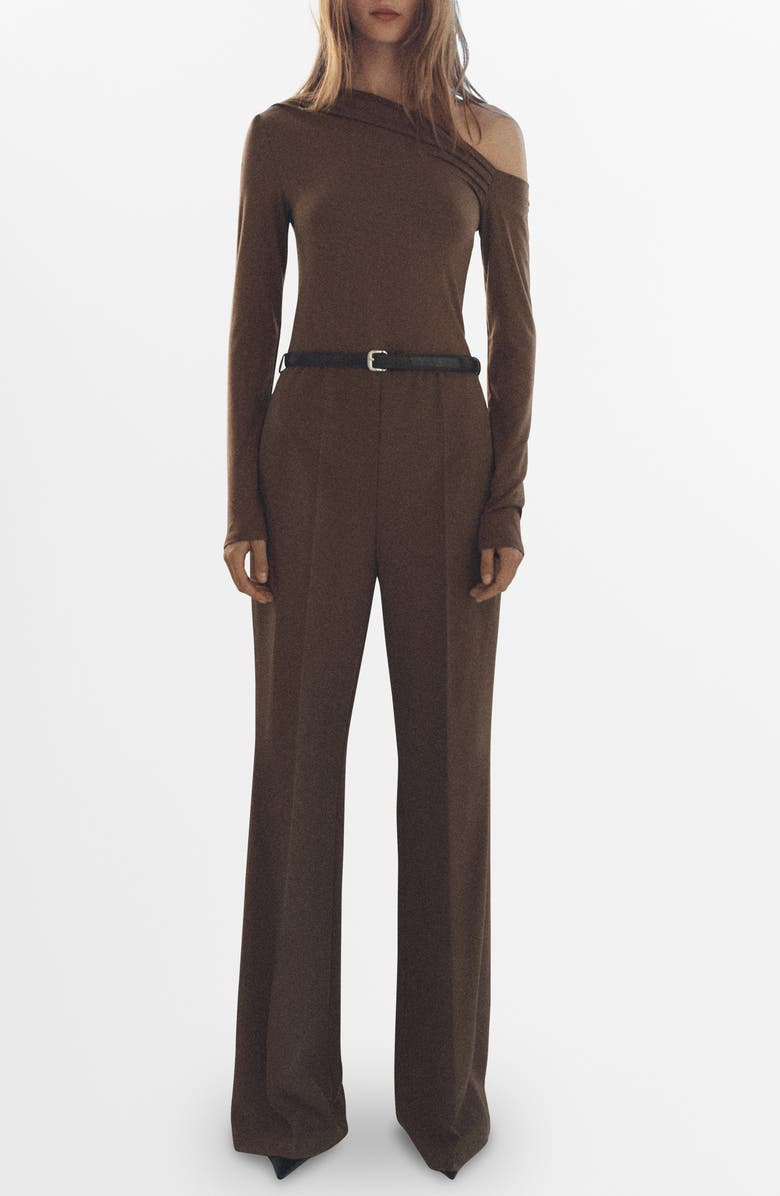 MANGO Belted Long Sleeve One-Shoulder Jumpsuit, Main, color, 