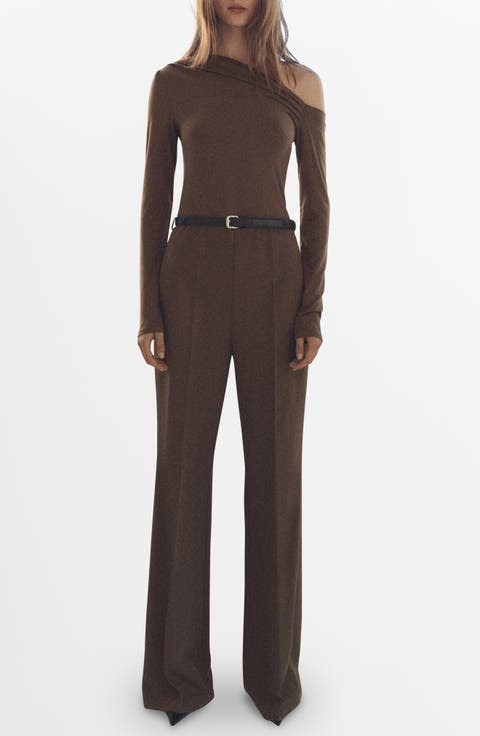 Belted Long Sleeve One-Shoulder Jumpsuit