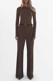 MANGO Belted Long Sleeve One-Shoulder Jumpsuit