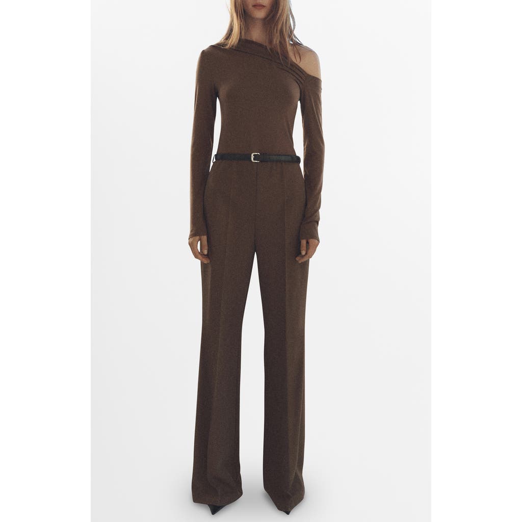 Shop Mango Belted Long Sleeve One-shoulder Jumpsuit In Brown