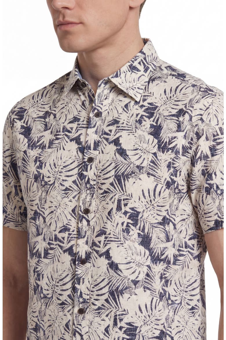Tropical Print Short Sleeve Linen & Cotton Button-Up Shirt, Alternate, color, NAVY