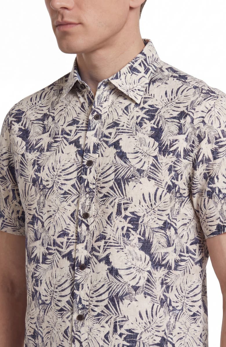 Report Collection Tropical Print Short Sleeve Linen & Cotton Button-Up Shirt, Alternate, color, Navy