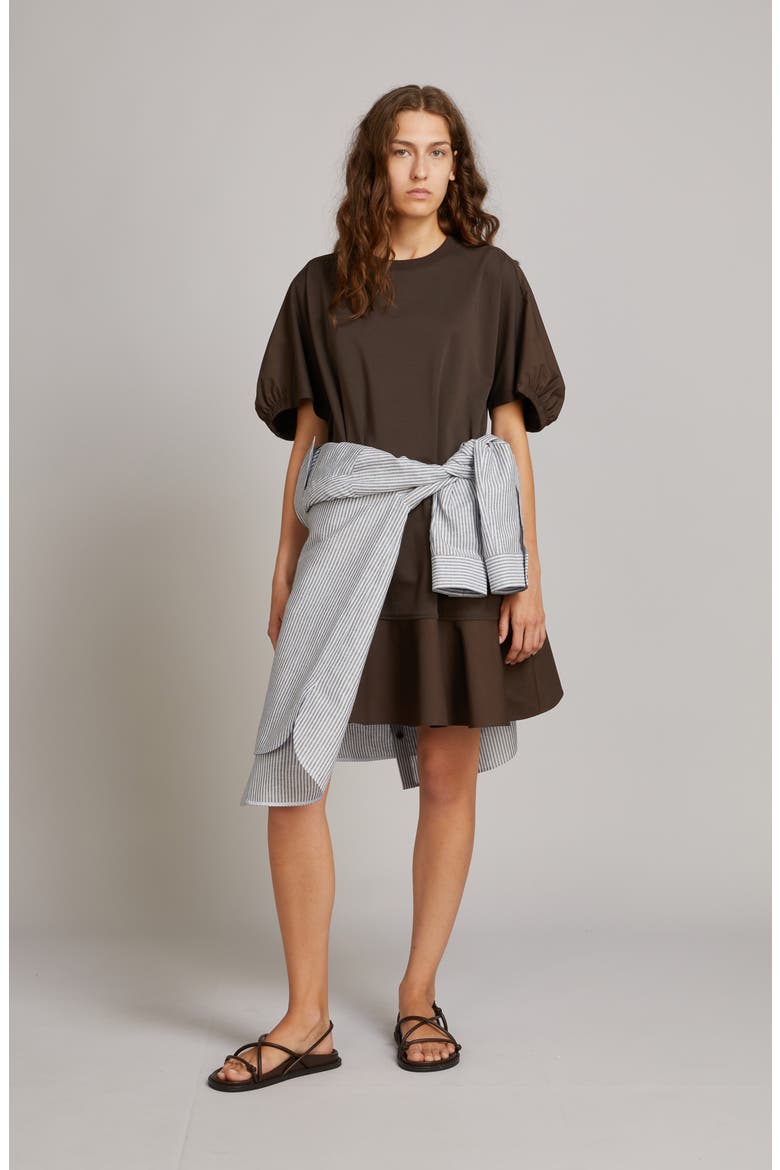 Onore Puff Sleeve Ruffle Hem Mixed Media Shift Dress, Alternate, color, DARK BROWN