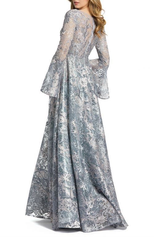 Mac Duggal Embellished Illusion Bell Sleeve A Line Gown In Grey Multi