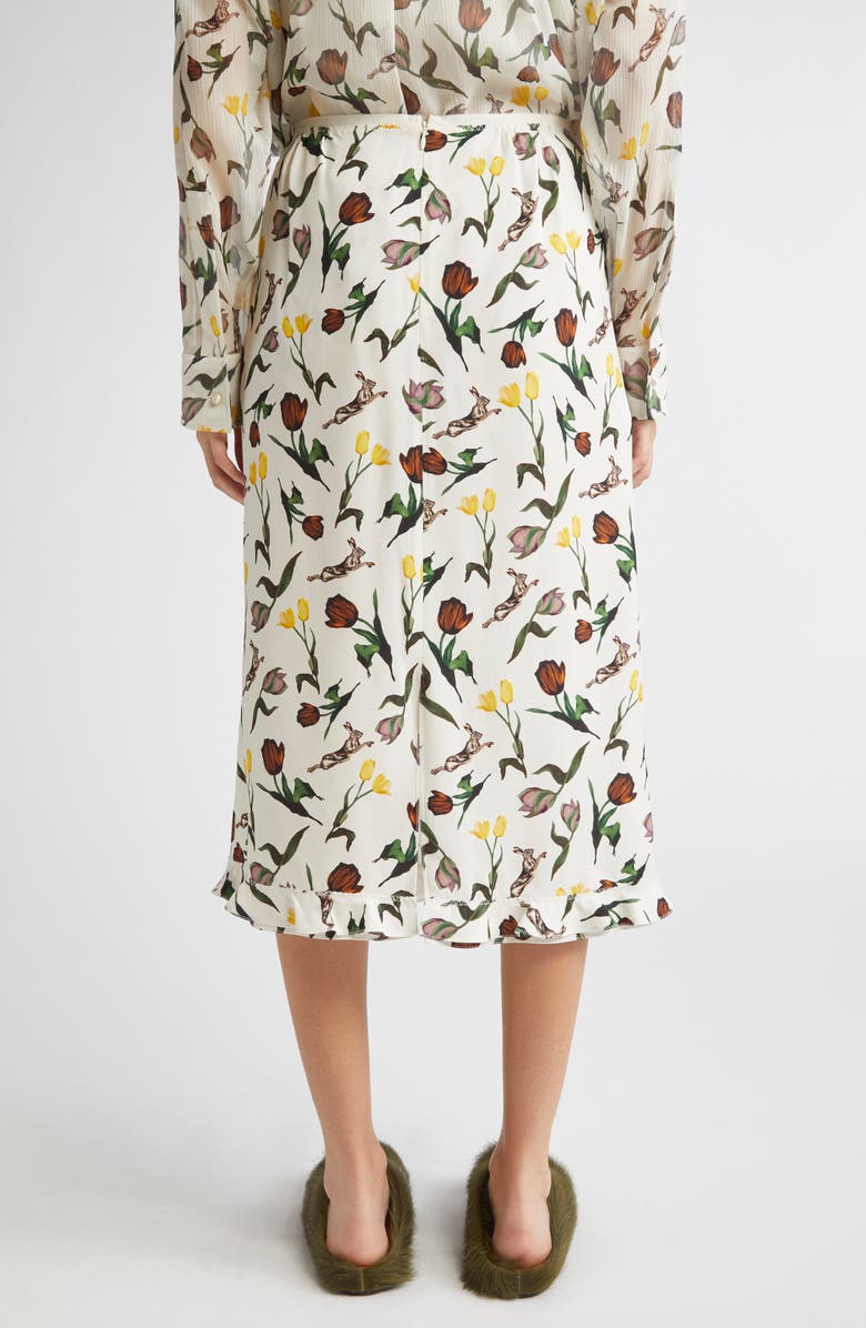 Marni Tulips & Hares Ruffle Hem Crepe Back Satin Midi Skirt, Alternate, color, Limestone