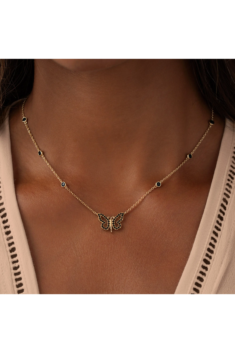 Women's Gold Plated Butterfly Charm Necklace - Midnight Renewal, Alternate, color, Gold/Black