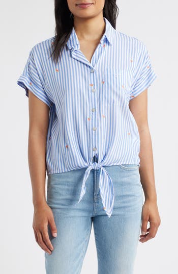 Beachlunchlounge Rosie Embroidered Tie Front Short Sleeve Button-up Shirt
