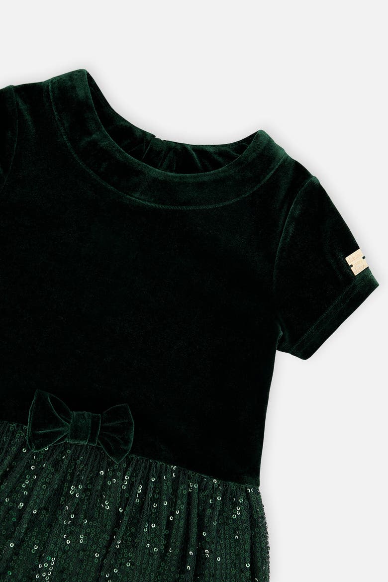 Bi-Material Bow Belt Glitter Mesh Short Sleeve Dress, Alternate, color, Green Forest