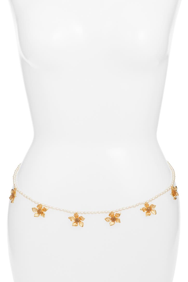 Golden Flower Freshwater Pearl Belly Chain, Main, color, GOLD