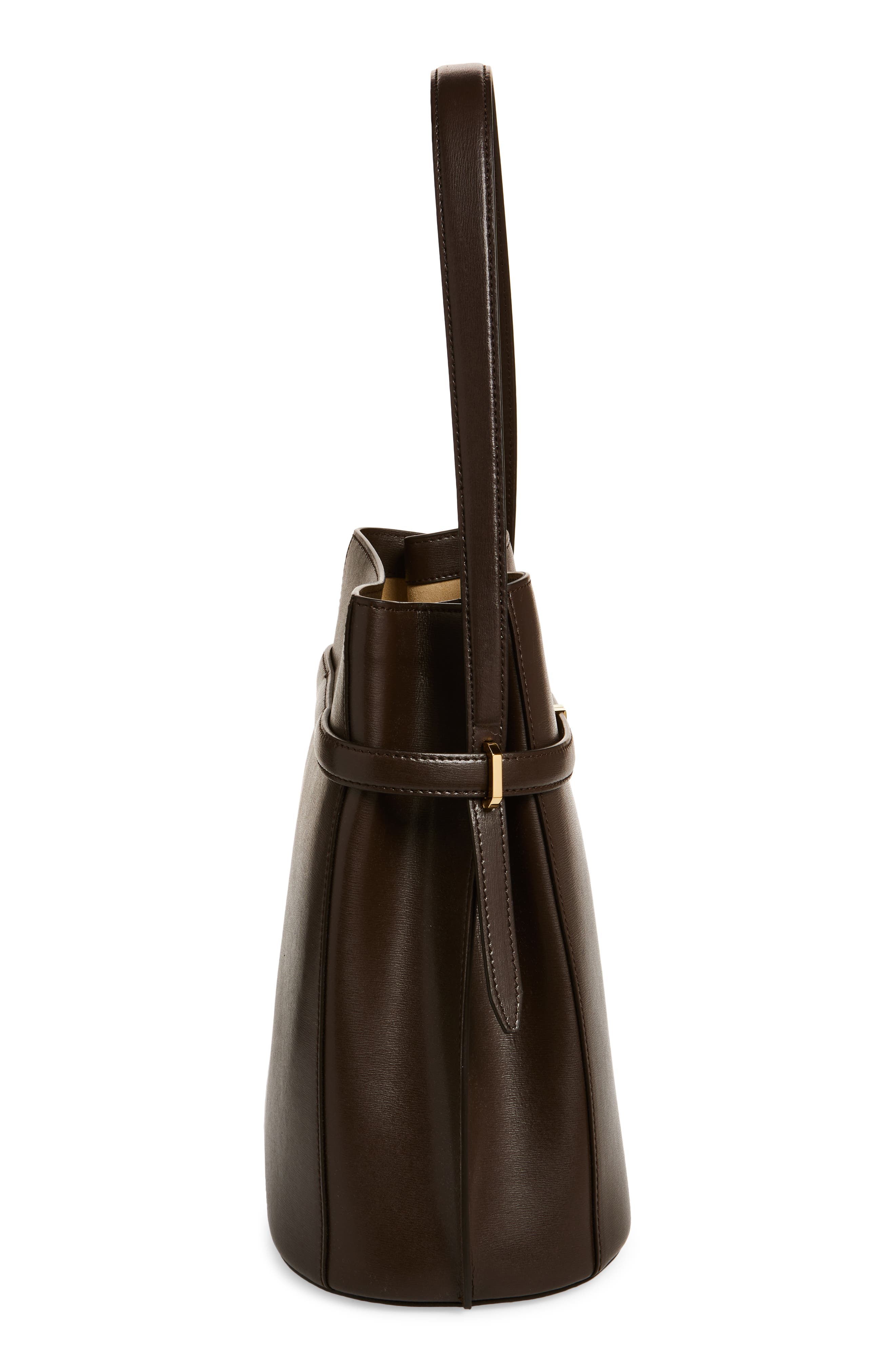 Belted Leather Bucket Bag, Alternate, color, BARK