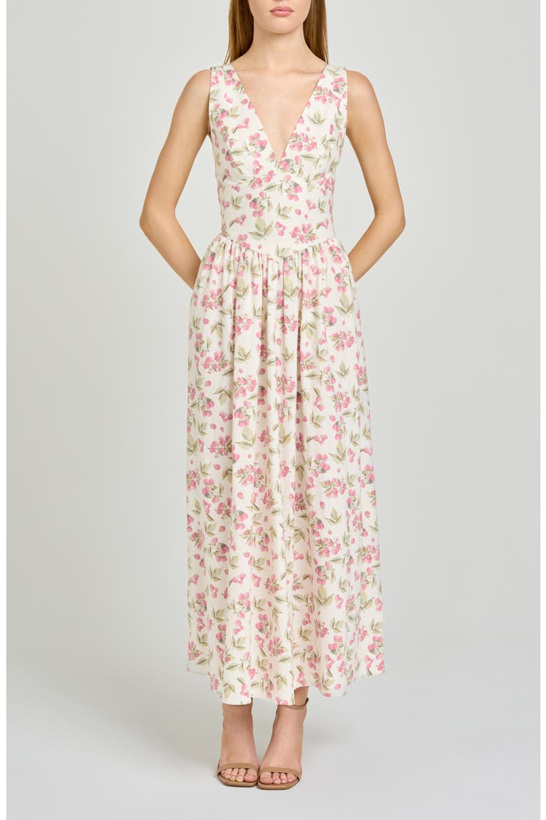 Vivia Floral Plunge Neck Drop Waist Midi Dress, Main, color, GARDEN RASPBERRY