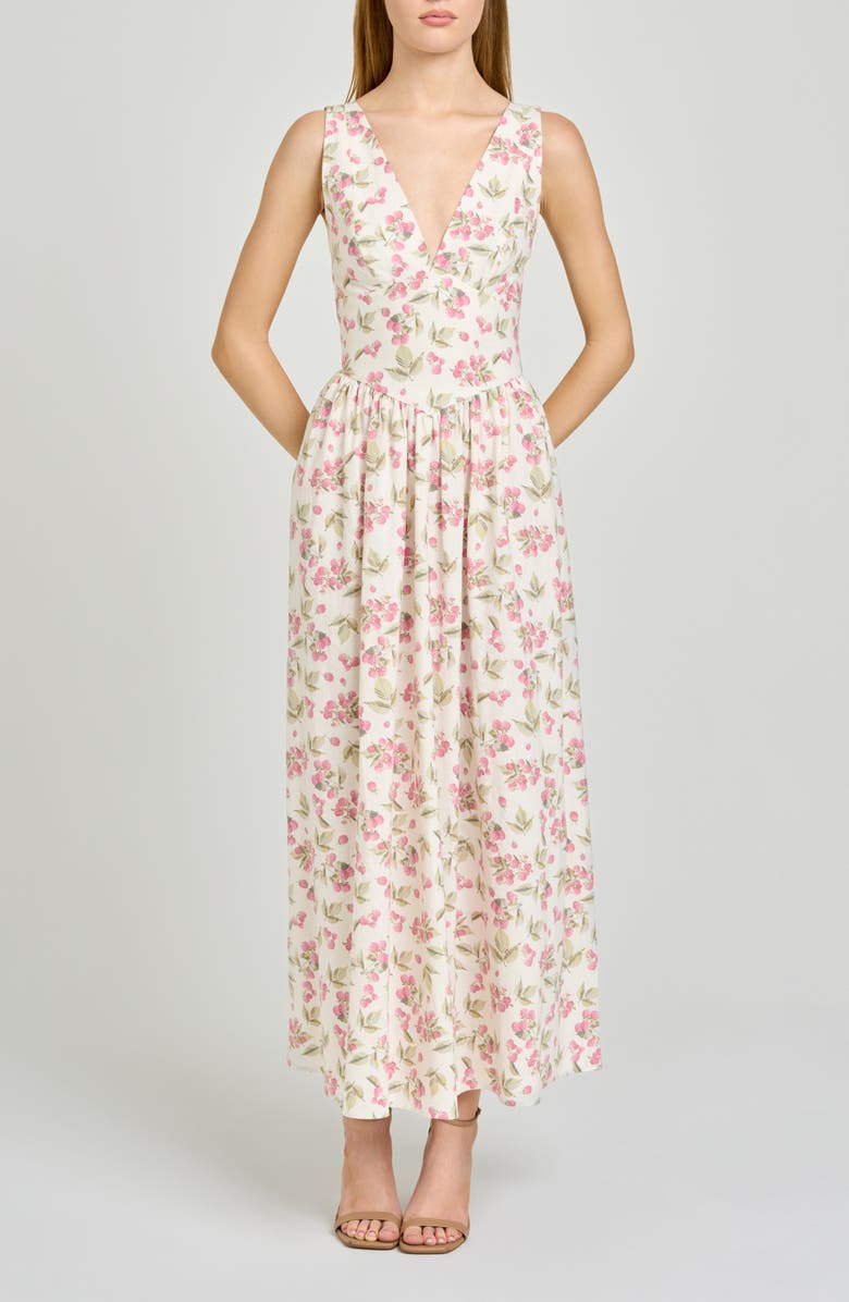 WAYF Vivia Floral Plunge Neck Drop Waist Midi Dress, Main, color, Garden Raspberry