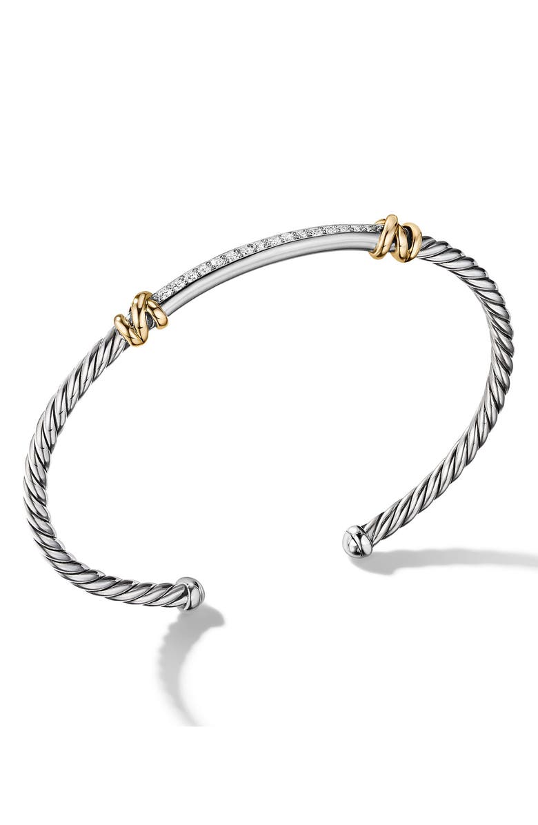 David Yurman Petite Helena Classic Sterling Silver & 18K Yellow Gold Diamond Cable Station Bracelet, 3mm, Alternate, color, Diamond/ Silver
