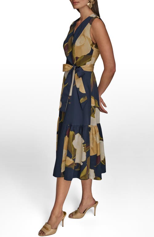 Donna Karan Sleeveless Faux Wrap Midi Dress In Blue