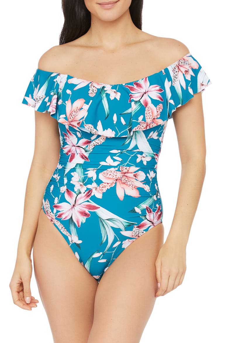 Flyaway Off the Shoulder One-Piece Swimsuit, Main, color, CARIBBEAN CURRENT