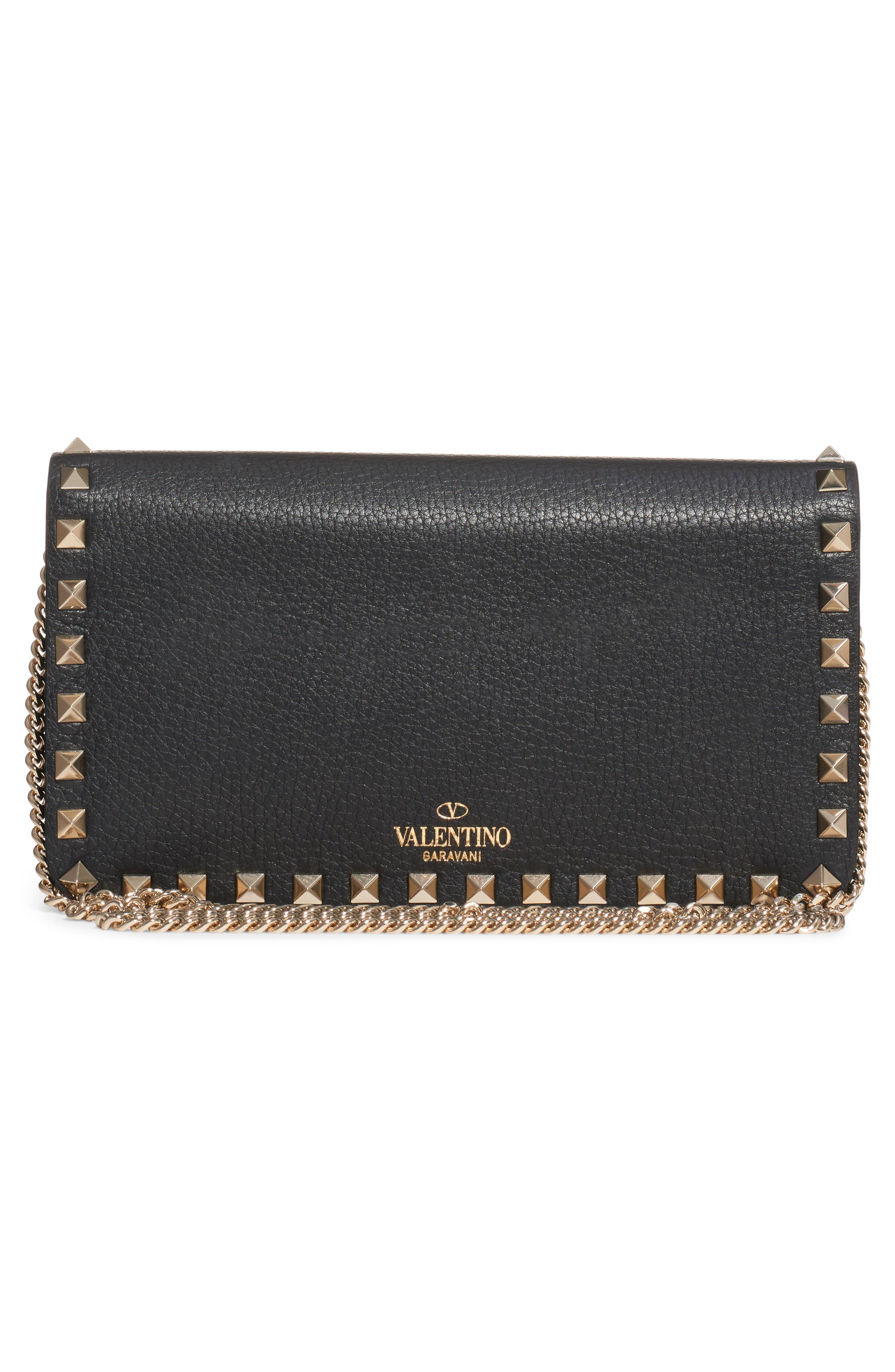 Rockstud Leather Wallet on a Chain, Alternate, color, NERO
