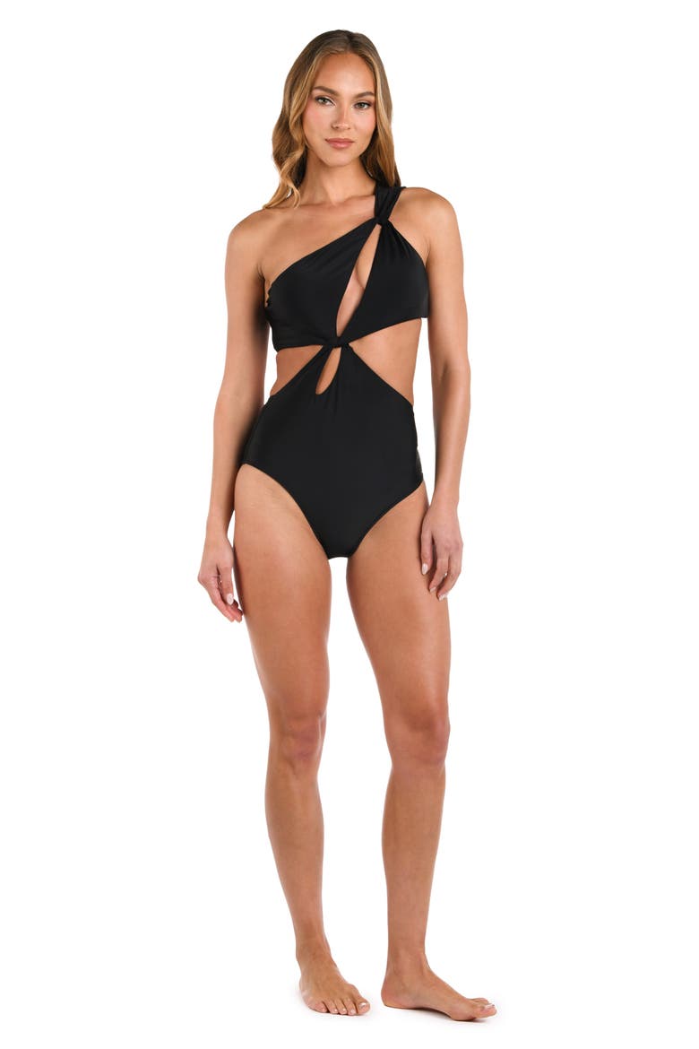 Camilla Cutout One-Shoulder One-Piece Swimsuit, Alternate, color, BLACK