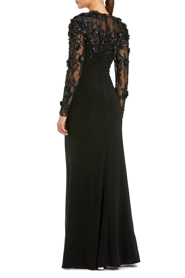Petite Jersey Long Sleeve Fitted Gown With Floral Beading, Alternate, color, Black