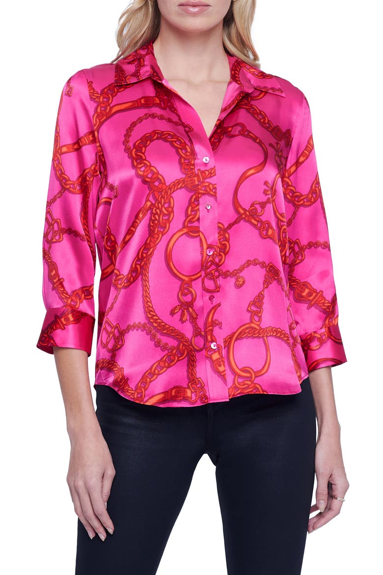 Dani Chain Link Print Silk Button-Up Shirt, Main, color, PINK/ RED BUCKLE CHAIN