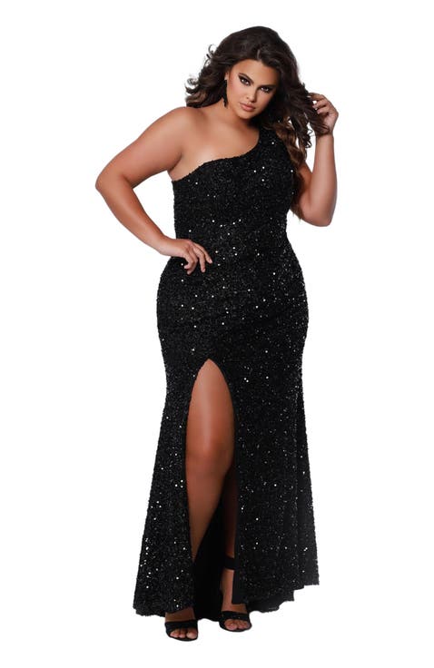 One-Shoulder Sequin Plus Size Evening Gown