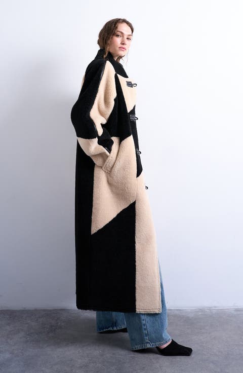 Patchwork Colorblock Faux Shearling Longline Coat