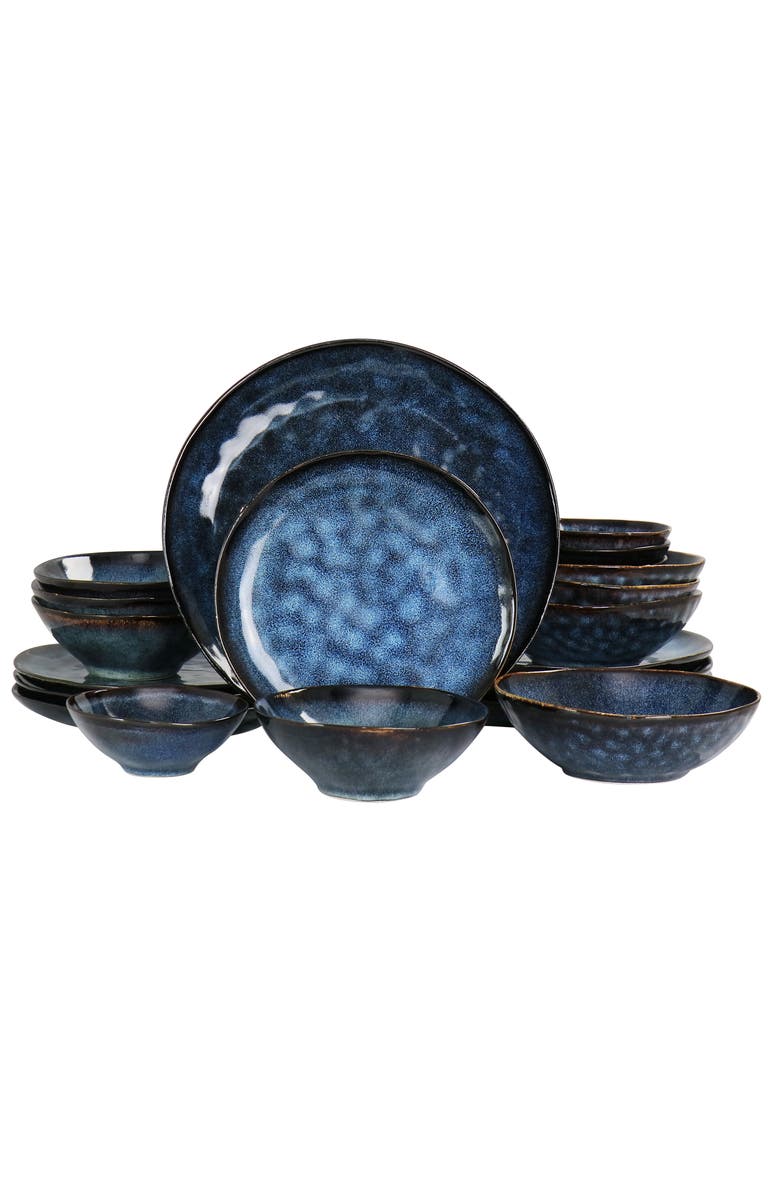 Elama Lucca 20 Piece Round Stoneware Triple Bowl Dinnerware Set in Reactive Glaze, Main, color, Blue