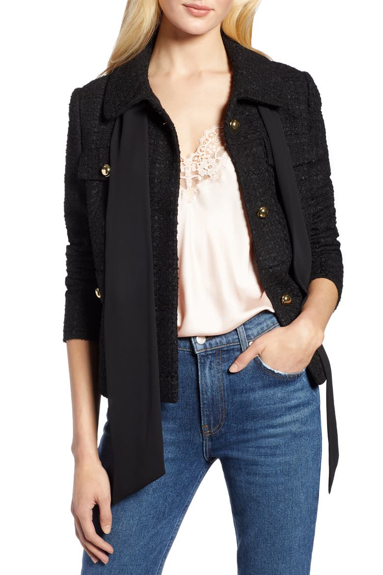 x Atlantic-Pacific Bow Detail Tweed Jacket, Alternate, color, BLACK