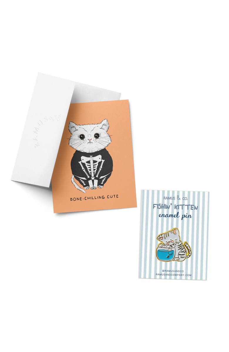 Ramus & Co Kitten Greeting Card & Fishin' Kitten Enamel Pin, Main, color, Multi-Pack
