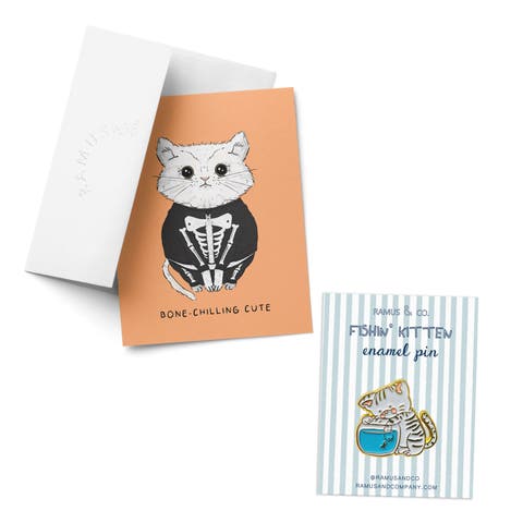 Kitten Greeting Card & Fishin' Kitten Enamel Pin