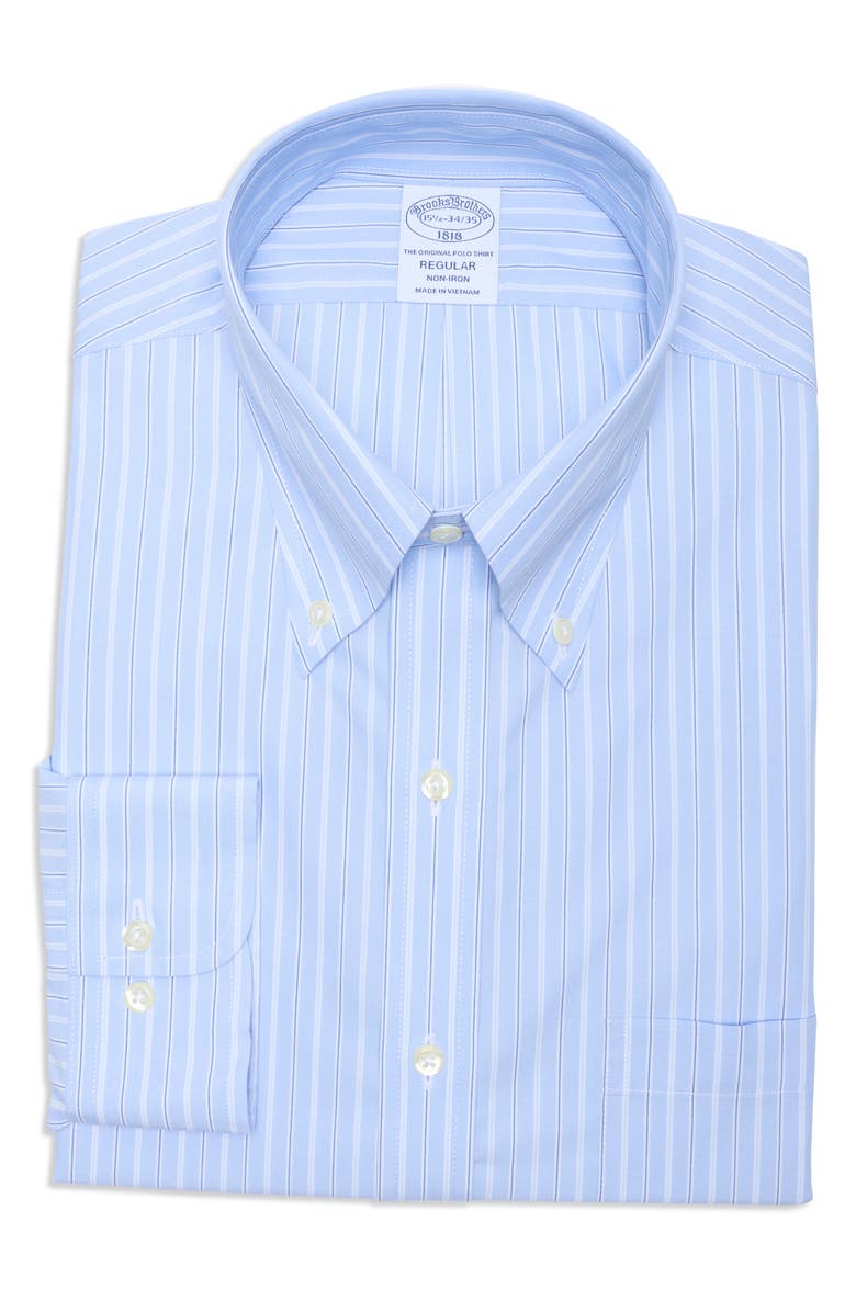 Brooks Brothers Regular Fit Stripe Button-Down Cotton Shirt, Alternate, color, Hydrangea Stripe