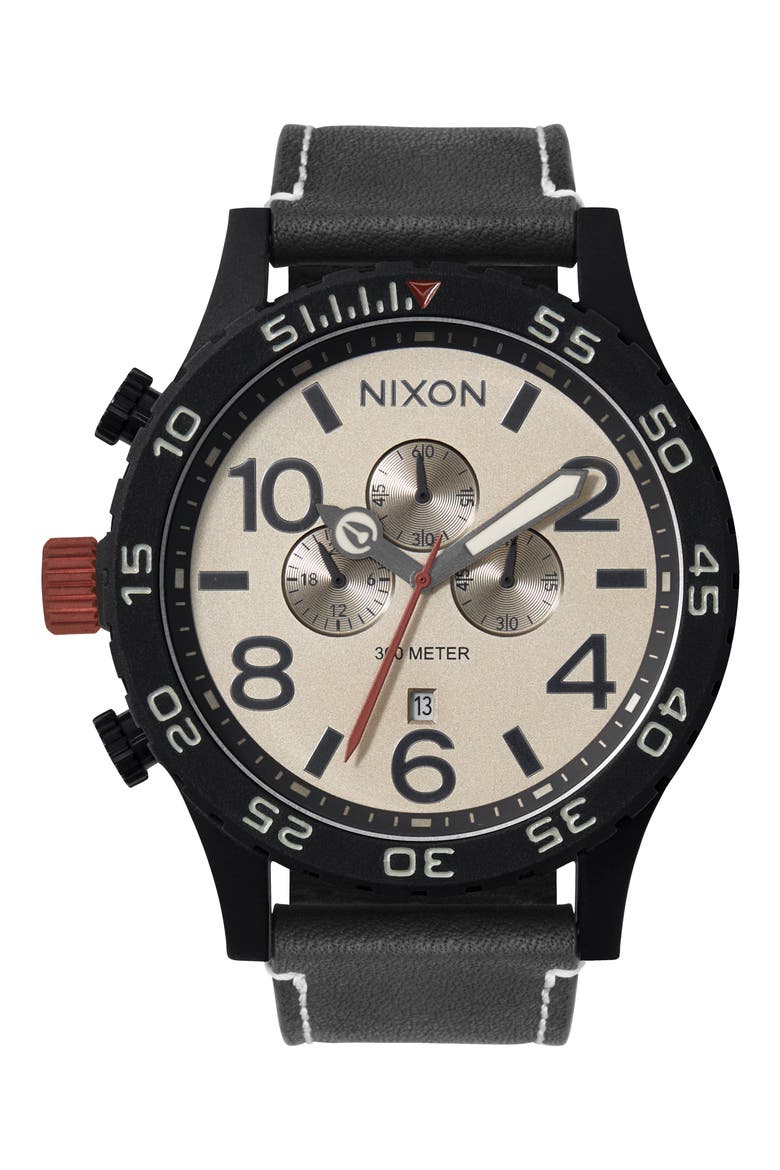51-30 Chronograph Leather Strap Watch, 51mm, Main, color, BLACK / PUMICE / CHARCOAL