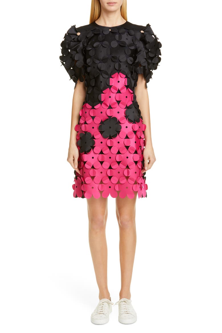 Laser Cut Floral Appliqué Dress, Main, color, BLACK/ FUCHSIA PINK