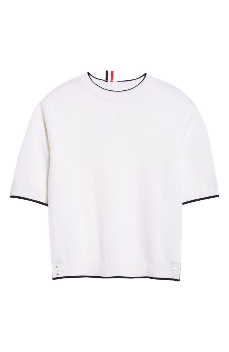 Thom Browne Tipped Textured Stitch Short Sleeve Virgin Wool Top, Alternate, color, White