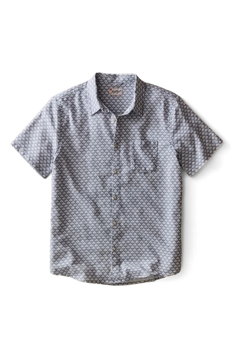 Marine Layer Classic Short Sleeve Stretch Cotton Selvage Button-Up Shirt, Alternate, color, Light Blue Agave Print