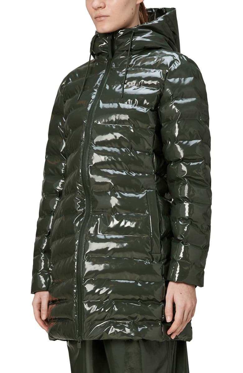 Rains Lohja Curve Waterproof Long Puffer Jacket, Alternate, color, Swamp