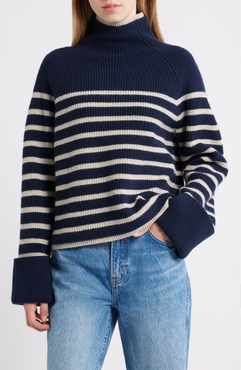 Stripe Wool Cuff Sleeve Funnel Neck Sweater