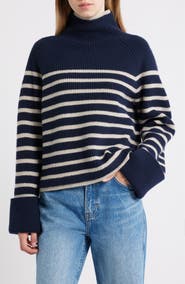 rag & bone Stripe Wool Cuff Sleeve Funnel Neck Sweater