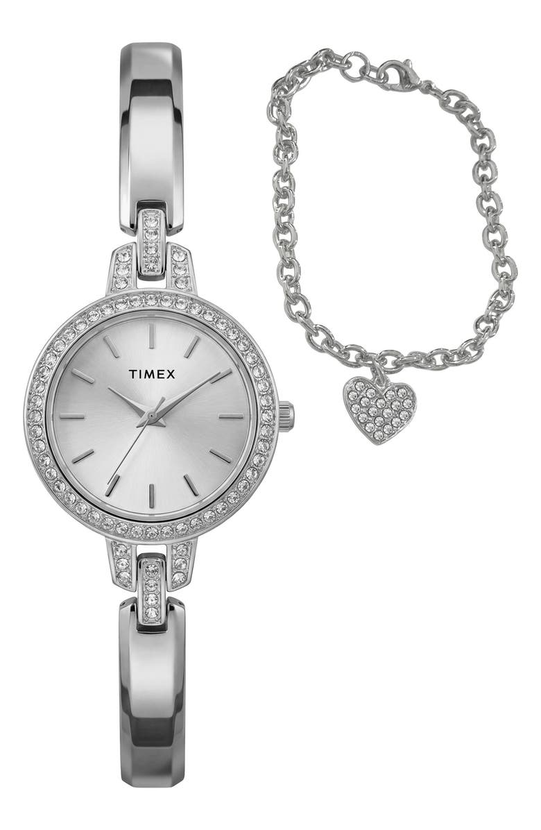 Timex<sup>®</sup> Aveline Bracelet Watch & Charm Bracelet Gift Set, 28mm, Main, color, Silver-Tone
